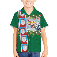 Merry Christmas Kid Hawaiian Shirt Funny Santa Claus Cards Photo and Polynesian Pattern Green Color