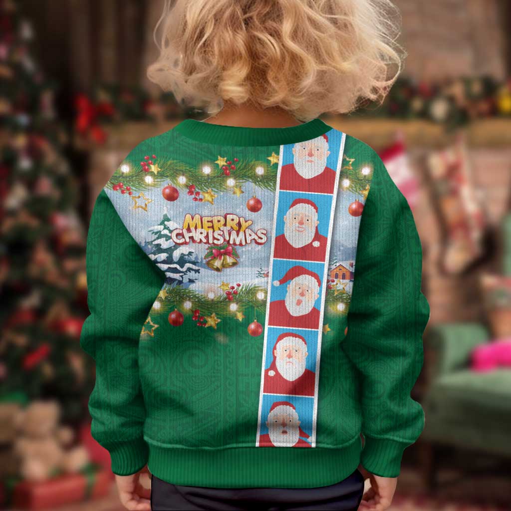 Merry Christmas Kid Ugly Christmas Sweater Funny Santa Claus Cards Photo and Polynesian Pattern Green Color