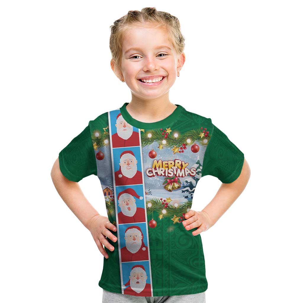 Merry Christmas Kid T Shirt Funny Santa Claus Cards Photo and Polynesian Pattern Green Color