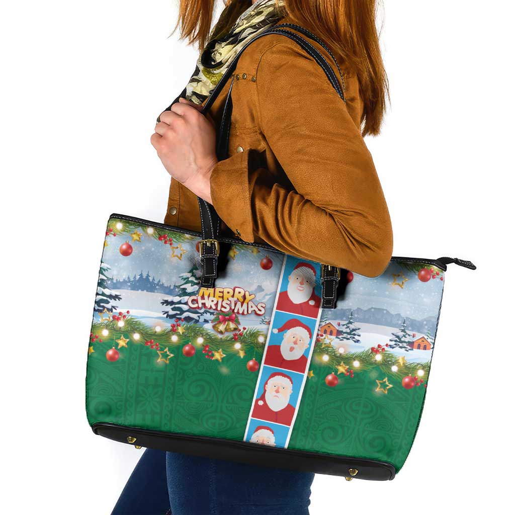 Merry Christmas Leather Tote Bag Funny Santa Claus Cards Photo and Polynesian Pattern Green Color LT03 Green - Polynesian Pride
