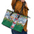 Merry Christmas Leather Tote Bag Funny Santa Claus Cards Photo and Polynesian Pattern Green Color