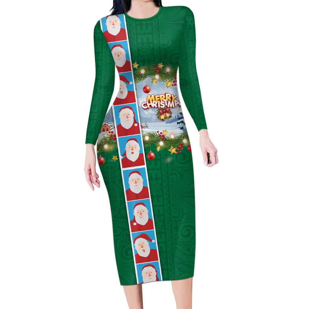 Merry Christmas Long Sleeve Bodycon Dress Funny Santa Claus Cards Photo and Polynesian Pattern Green Color