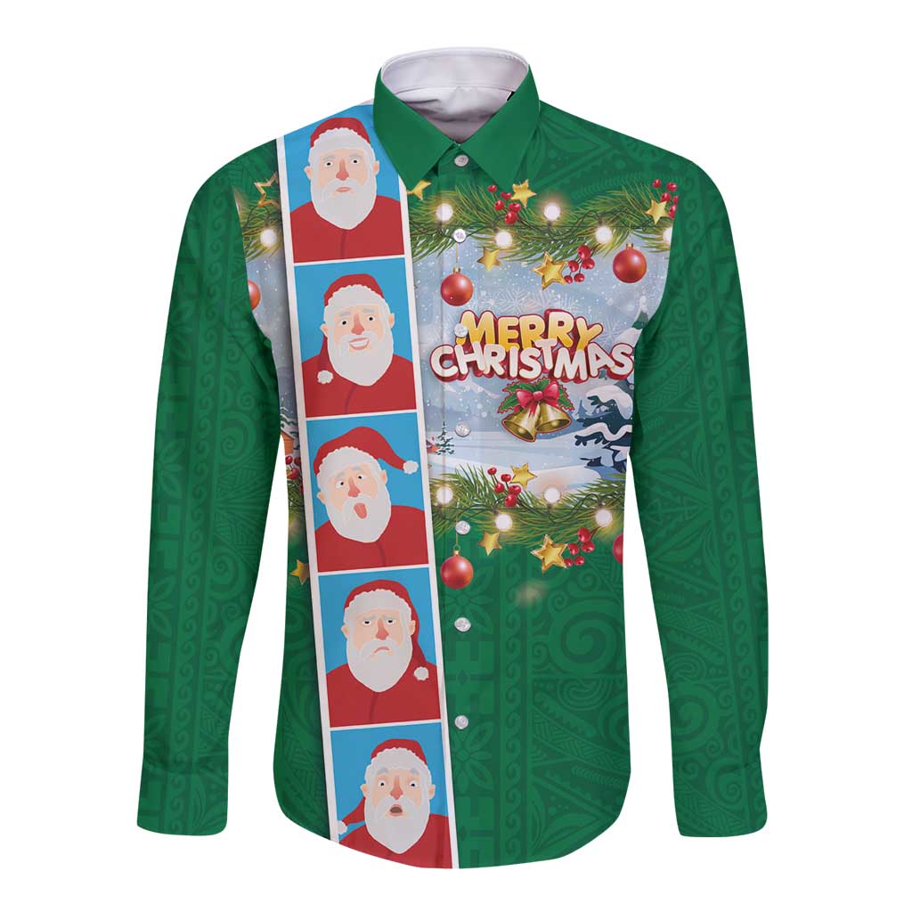 Merry Christmas Long Sleeve Button Shirt Funny Santa Claus Cards Photo and Polynesian Pattern Green Color