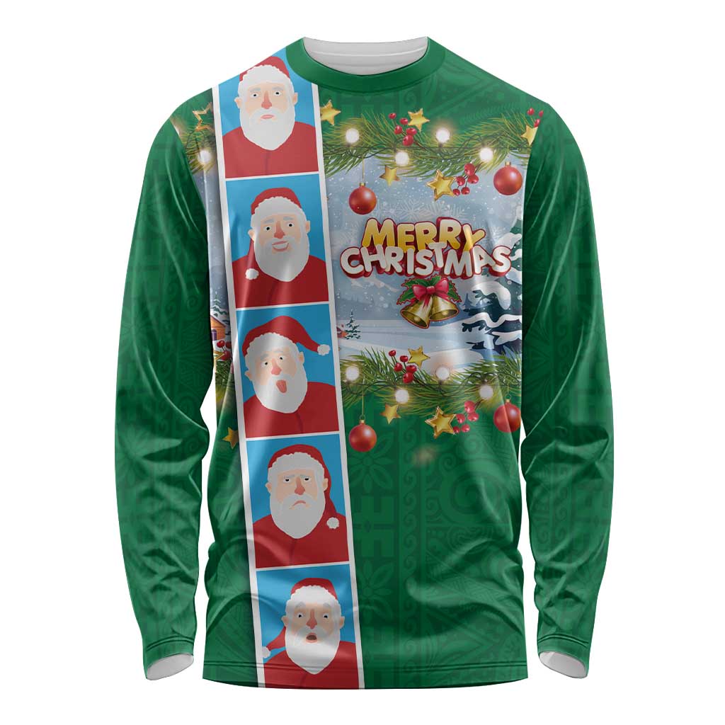 Merry Christmas Long Sleeve Shirt Funny Santa Claus Cards Photo and Polynesian Pattern Green Color