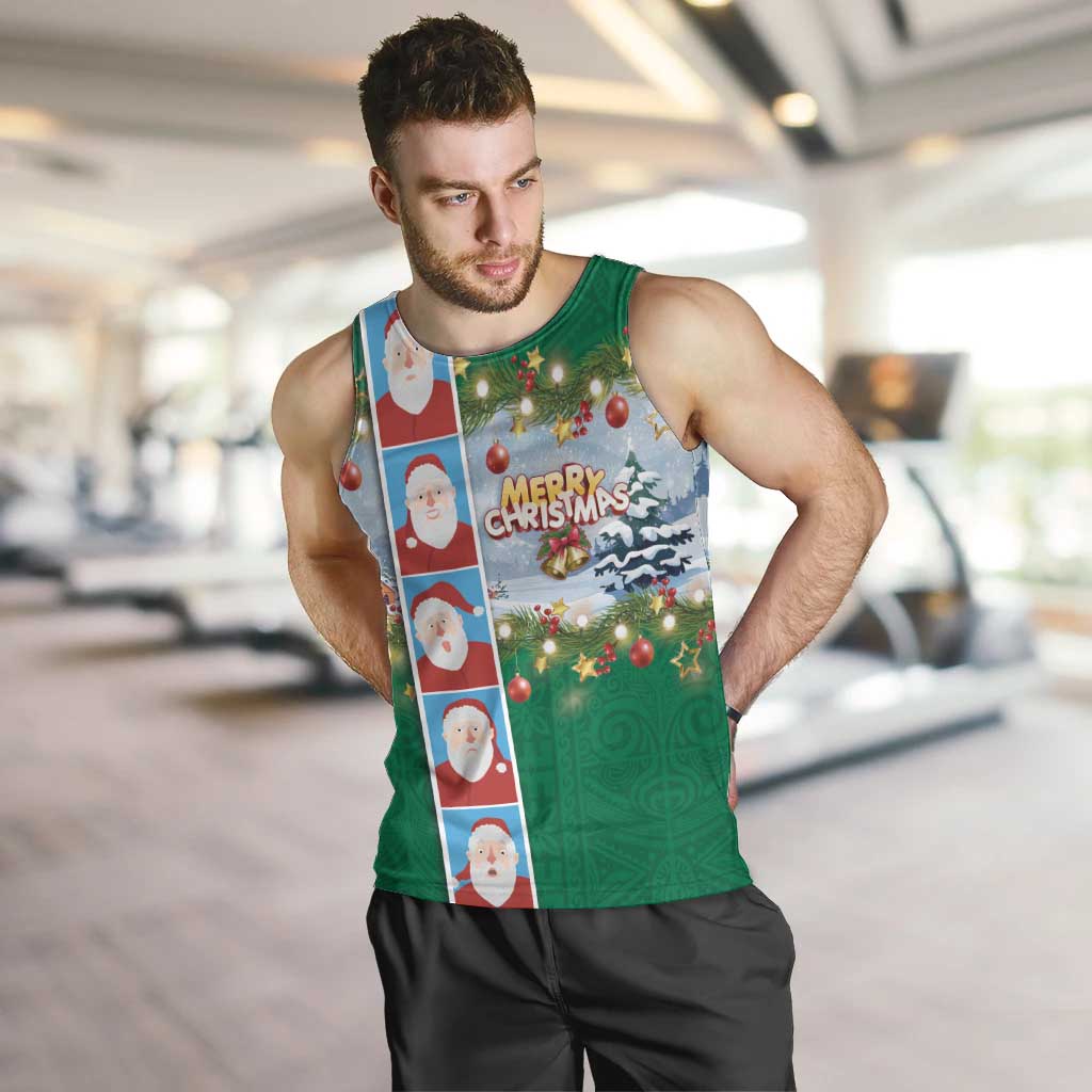 Merry Christmas Men Tank Top Funny Santa Claus Cards Photo and Polynesian Pattern Green Color