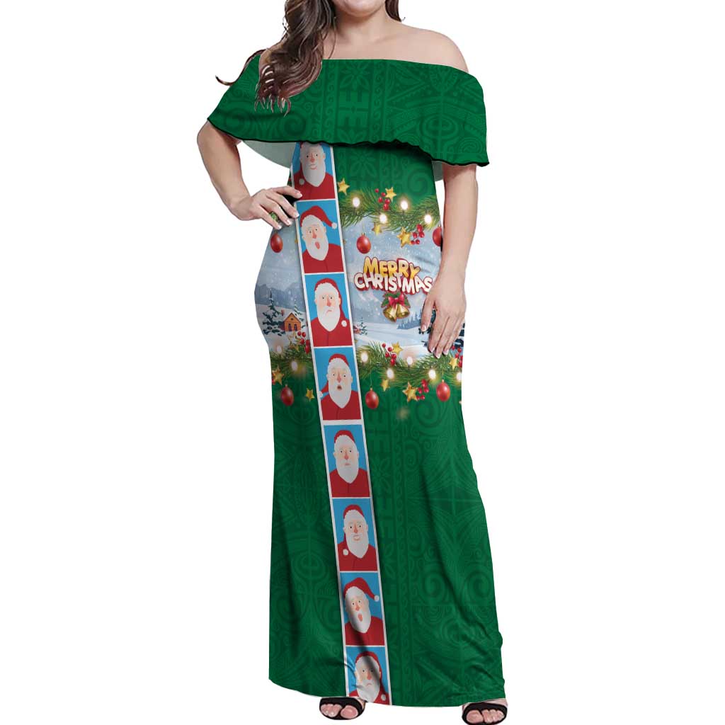 Merry Christmas Off Shoulder Maxi Dress Funny Santa Claus Cards Photo and Polynesian Pattern Green Color