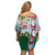 Merry Christmas Off Shoulder Short Dress Funny Santa Claus Cards Photo and Polynesian Pattern Green Color