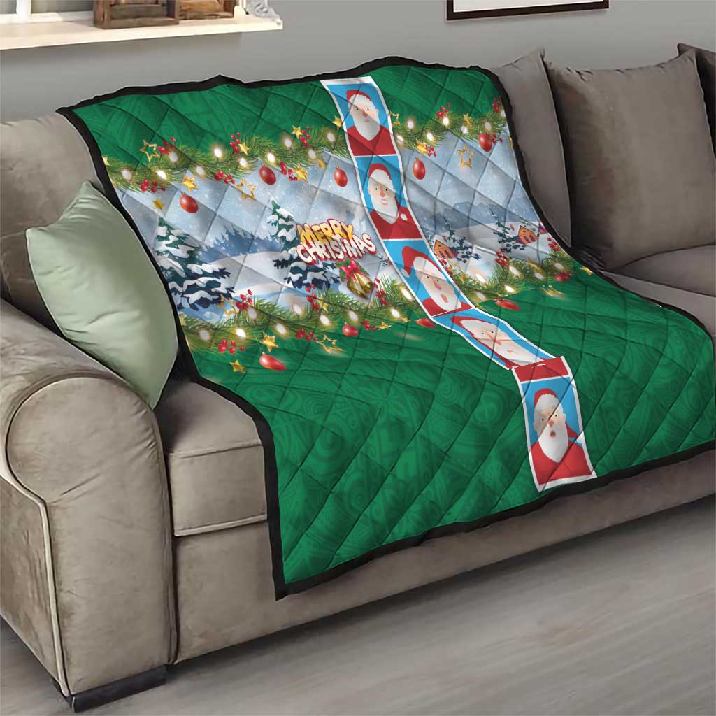 Merry Christmas Quilt Funny Santa Claus Cards Photo and Polynesian Pattern Green Color
