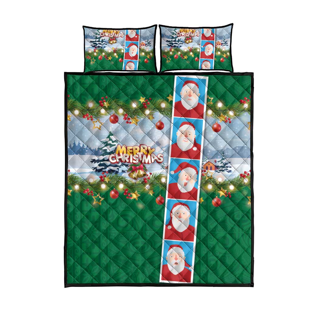 Merry Christmas Quilt Bed Set Funny Santa Claus Cards Photo and Polynesian Pattern Green Color LT03 - Polynesian Pride