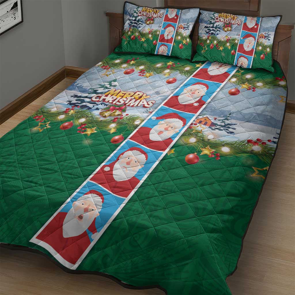 Merry Christmas Quilt Bed Set Funny Santa Claus Cards Photo and Polynesian Pattern Green Color LT03 - Polynesian Pride