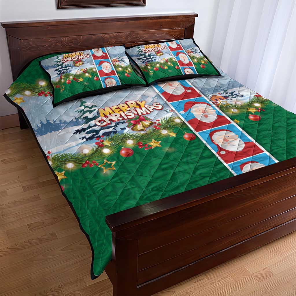 Merry Christmas Quilt Bed Set Funny Santa Claus Cards Photo and Polynesian Pattern Green Color LT03 - Polynesian Pride
