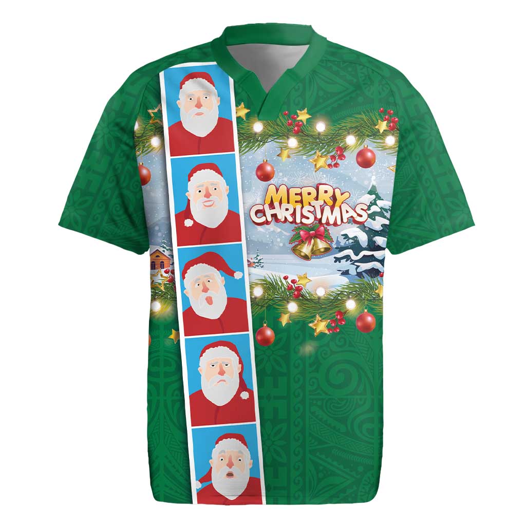 Merry Christmas Rugby Jersey Funny Santa Claus Cards Photo and Polynesian Pattern Green Color LT03 Green - Polynesian Pride
