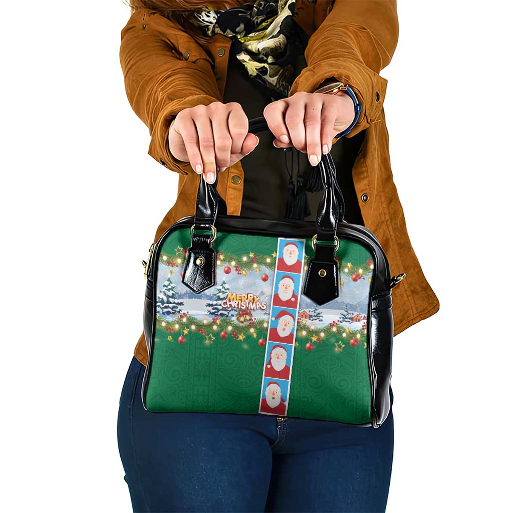 Merry Christmas Shoulder Handbag Funny Santa Claus Cards Photo and Polynesian Pattern Green Color