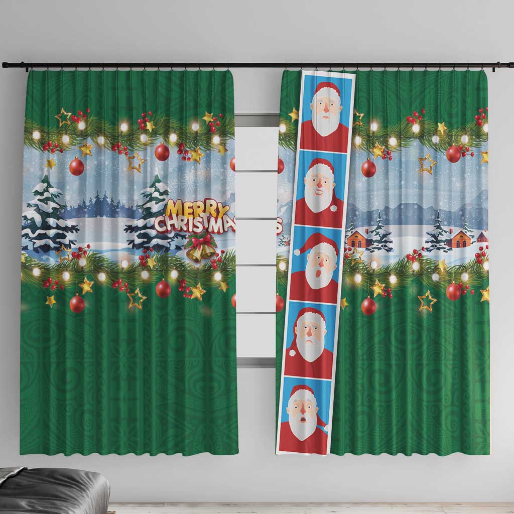 Merry Christmas Window Curtain Funny Santa Claus Cards Photo and Polynesian Pattern Green Color LT03 With Hooks Green - Polynesian Pride