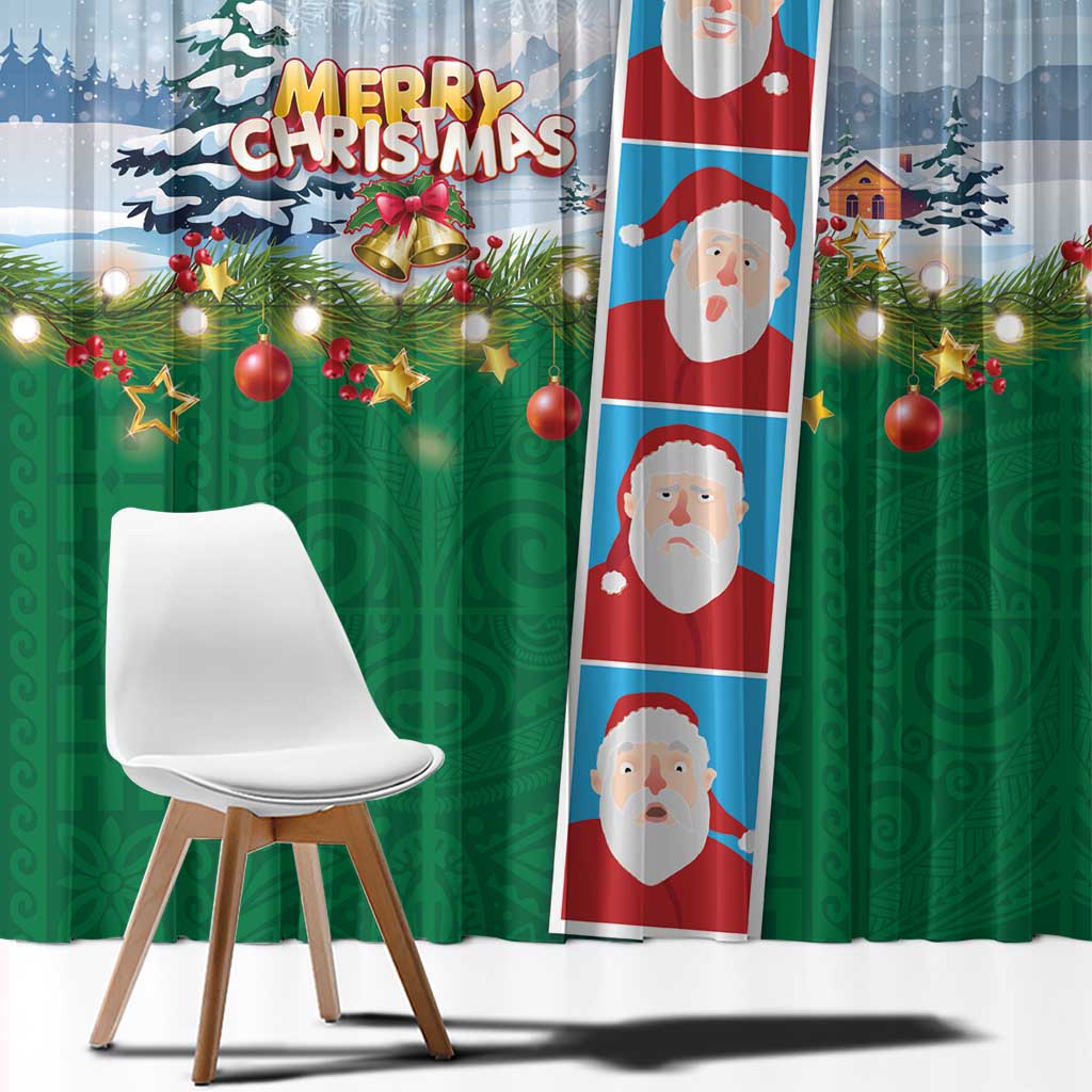 Merry Christmas Window Curtain Funny Santa Claus Cards Photo and Polynesian Pattern Green Color LT03 - Polynesian Pride