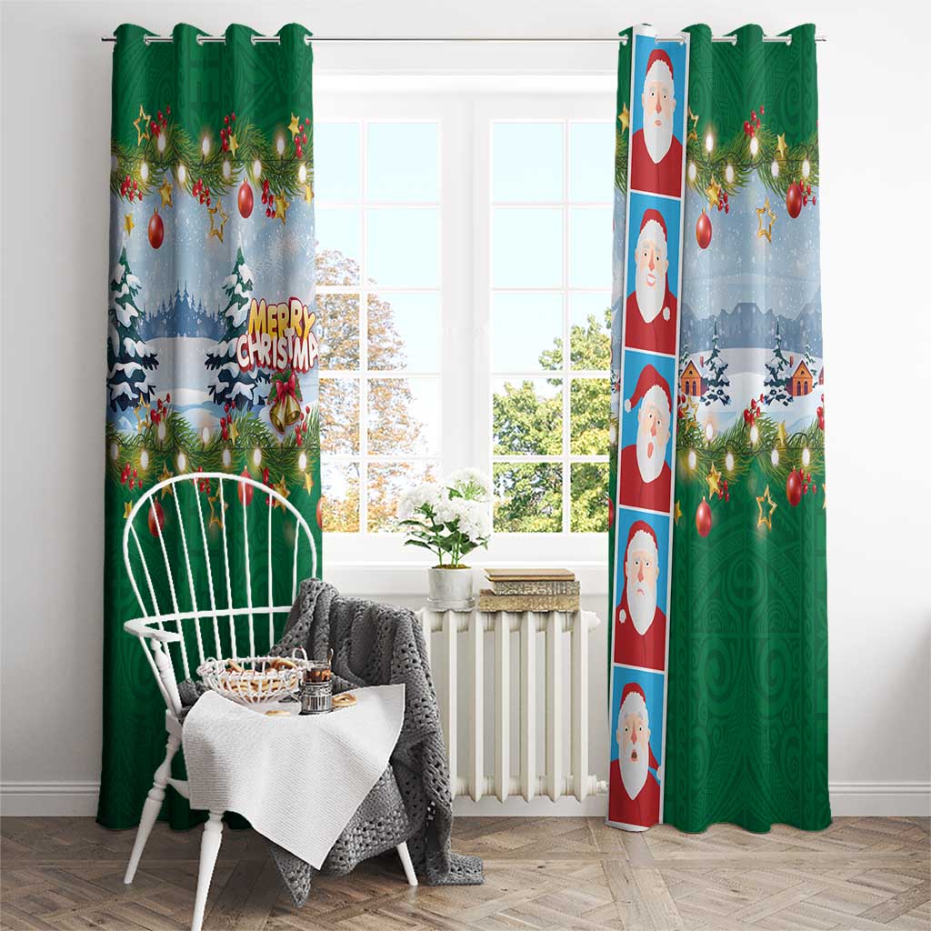 Merry Christmas Window Curtain Funny Santa Claus Cards Photo and Polynesian Pattern Green Color LT03 - Polynesian Pride