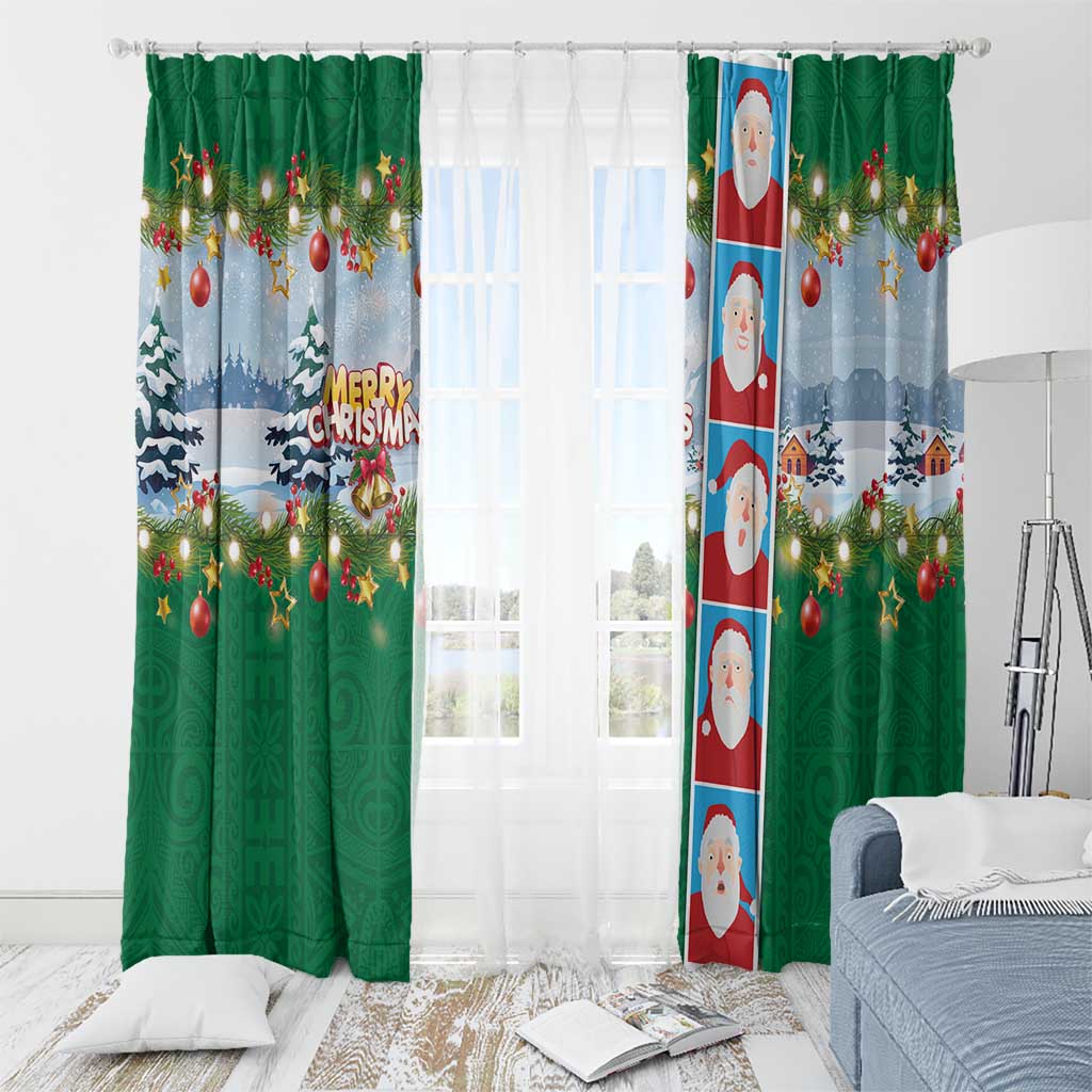 Merry Christmas Window Curtain Funny Santa Claus Cards Photo and Polynesian Pattern Green Color LT03 - Polynesian Pride