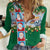 Merry Christmas Women Casual Shirt Funny Santa Claus Cards Photo and Polynesian Pattern Green Color