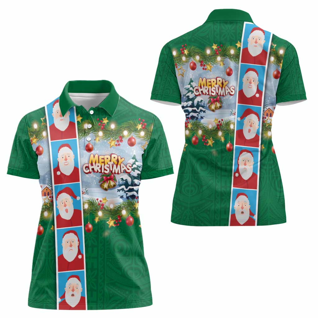 Merry Christmas Women Polo Shirt Funny Santa Claus Cards Photo and Polynesian Pattern Green Color