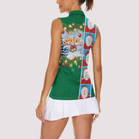 Merry Christmas Women Sleeveless Polo Shirt Funny Santa Claus Cards Photo and Polynesian Pattern Green Color