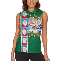 Merry Christmas Women Sleeveless Polo Shirt Funny Santa Claus Cards Photo and Polynesian Pattern Green Color