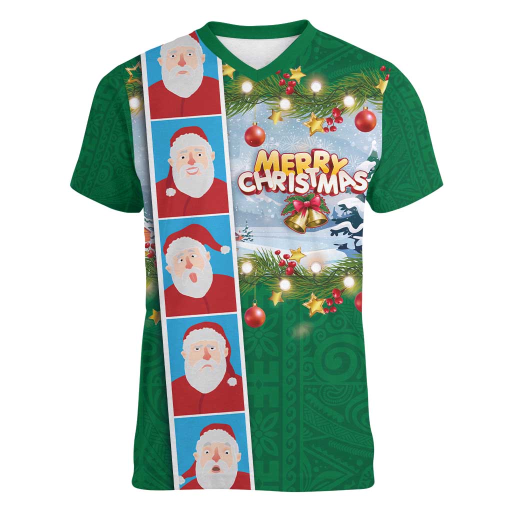 Merry Christmas Women V-Neck T-Shirt Funny Santa Claus Cards Photo and Polynesian Pattern Green Color