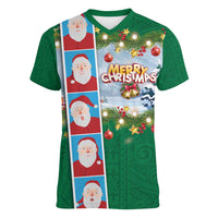 Merry Christmas Women V-Neck T-Shirt Funny Santa Claus Cards Photo and Polynesian Pattern Green Color