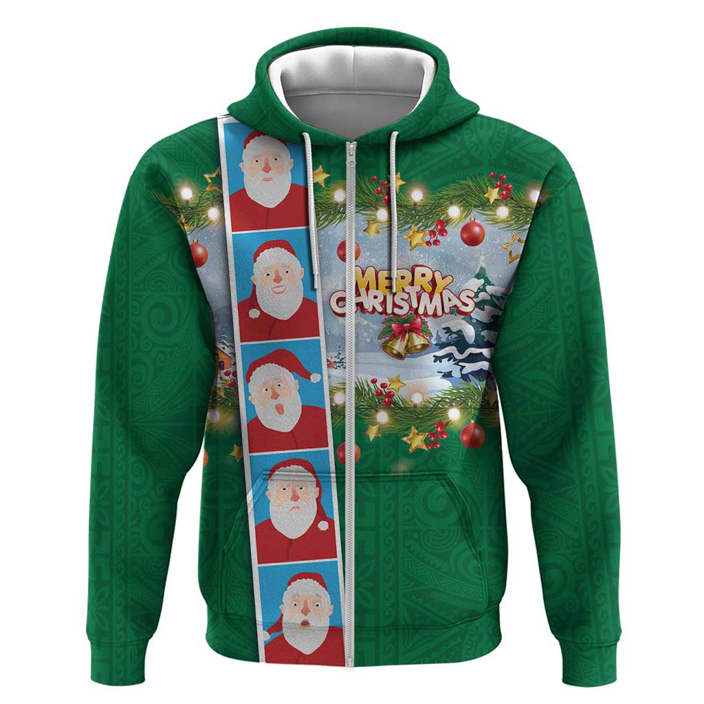 Merry Christmas Zip Hoodie Funny Santa Claus Cards Photo and Polynesian Pattern Green Color