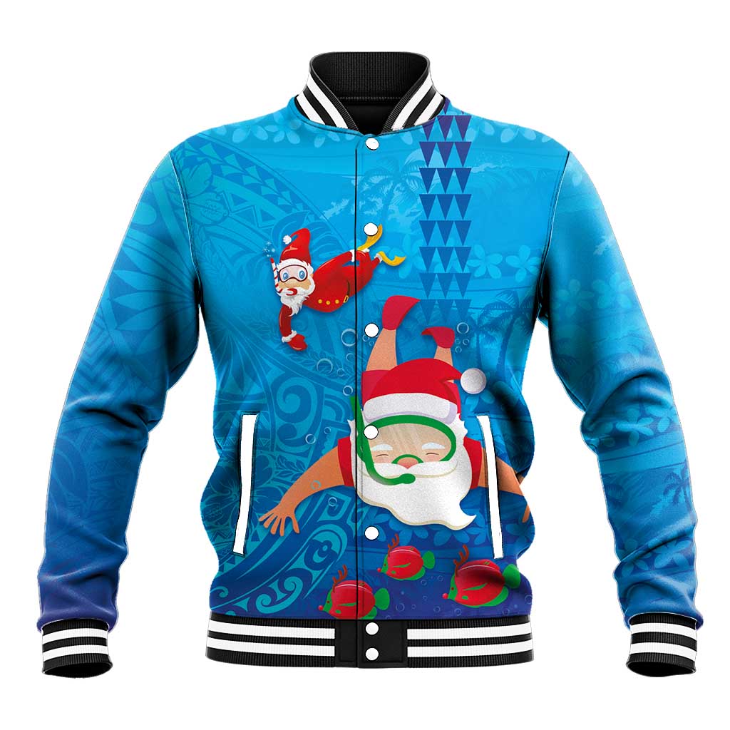 Hawaiian Santa Claus Snorkeling Baseball Jacket Kakau and Polynesian Pattern LT03 Unisex Blue - Polynesian Pride