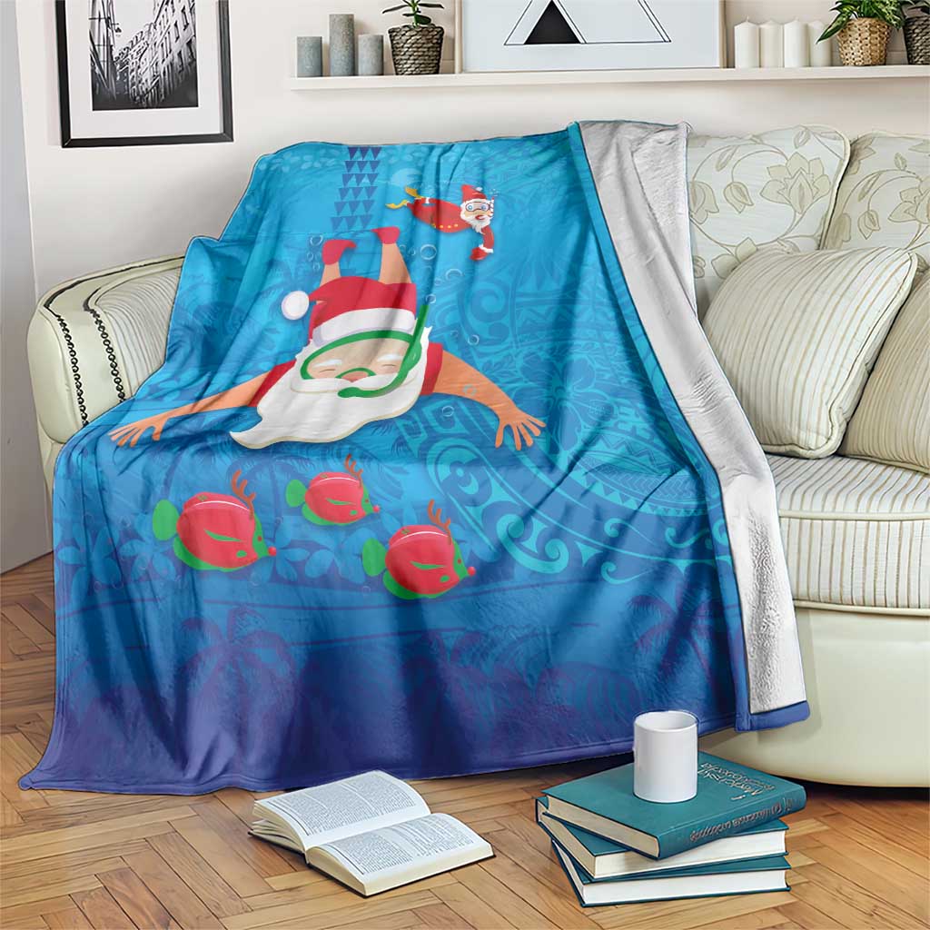 Hawaiian Santa Claus Snorkeling Blanket Kakau and Polynesian Pattern LT03 Blue - Polynesian Pride