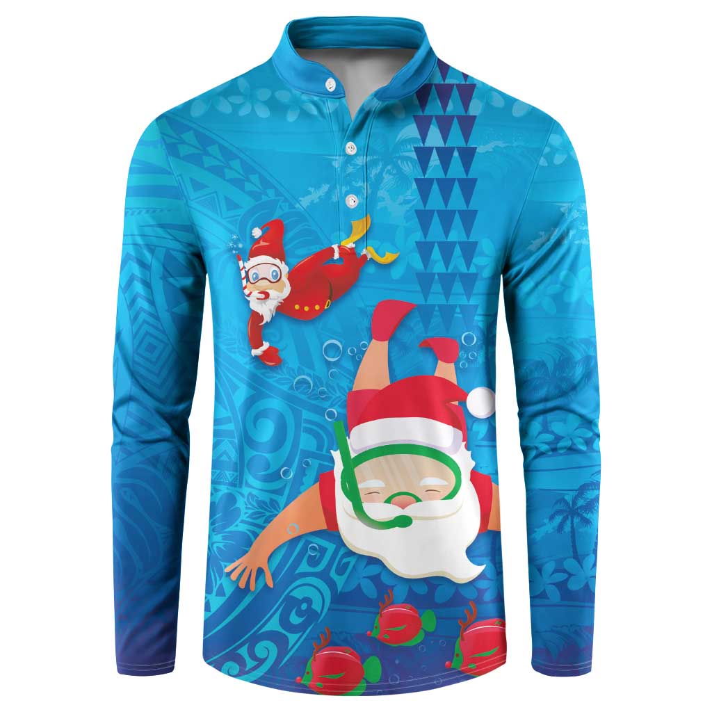 Hawaiian Santa Claus Snorkeling Button Sweatshirt Kakau and Polynesian Pattern LT03 Blue - Polynesian Pride