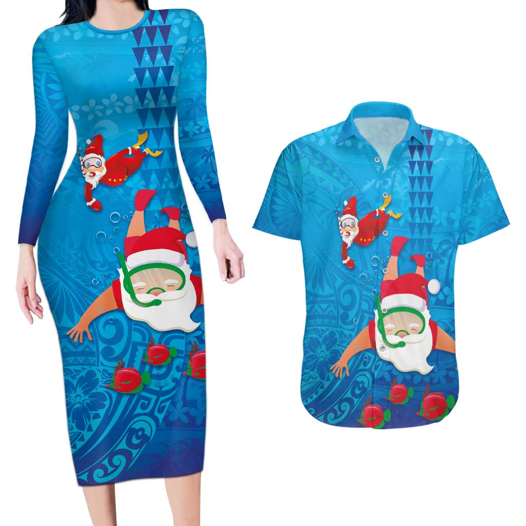 Hawaiian Santa Claus Snorkeling Couples Matching Long Sleeve Bodycon Dress and Hawaiian Shirt Kakau and Polynesian Pattern