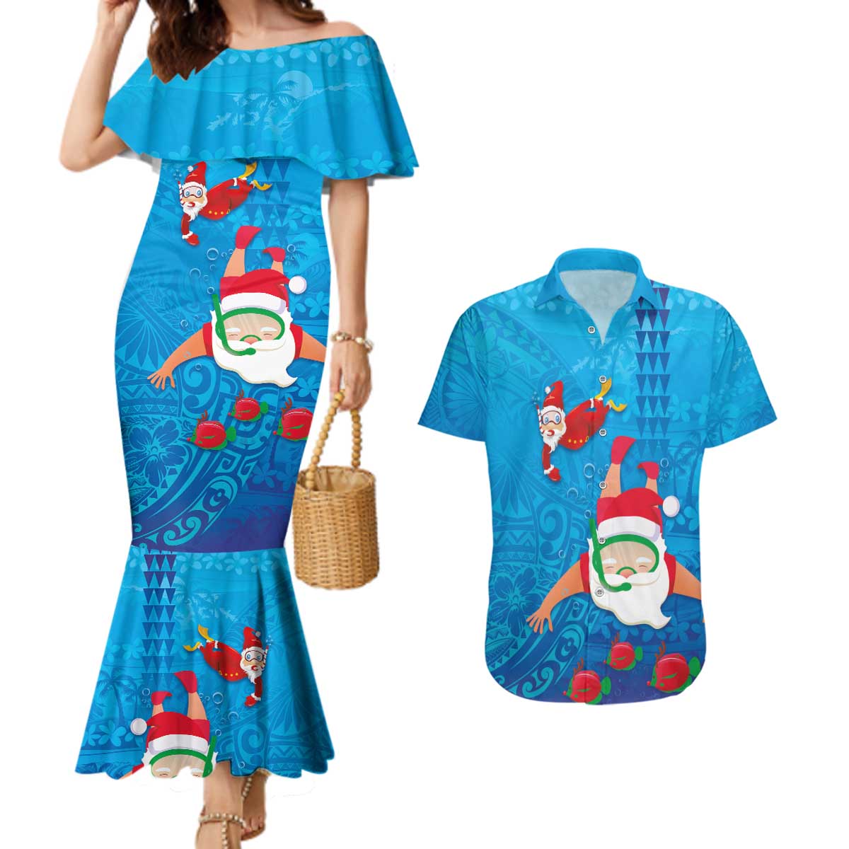 Hawaiian Santa Claus Snorkeling Couples Matching Mermaid Dress and Hawaiian Shirt Kakau and Polynesian Pattern