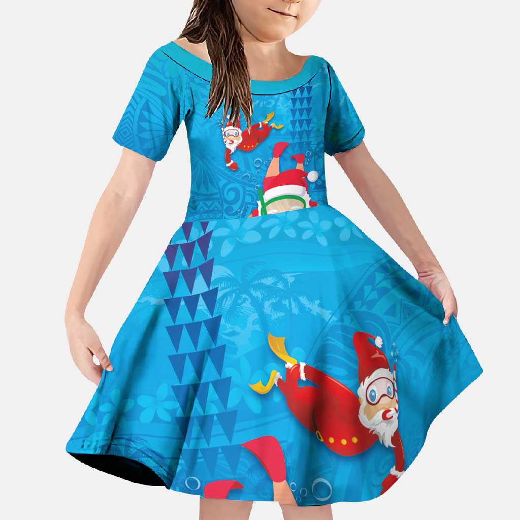 Hawaiian Santa Claus Snorkeling Family Matching Long Sleeve Bodycon Dress and Hawaiian Shirt Kakau and Polynesian Pattern