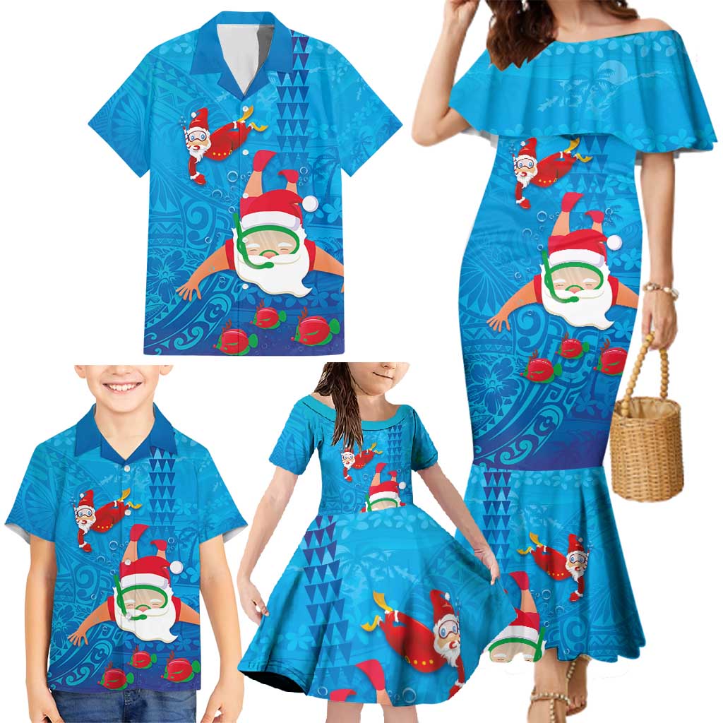 Hawaiian Santa Claus Snorkeling Family Matching Mermaid Dress and Hawaiian Shirt Kakau and Polynesian Pattern