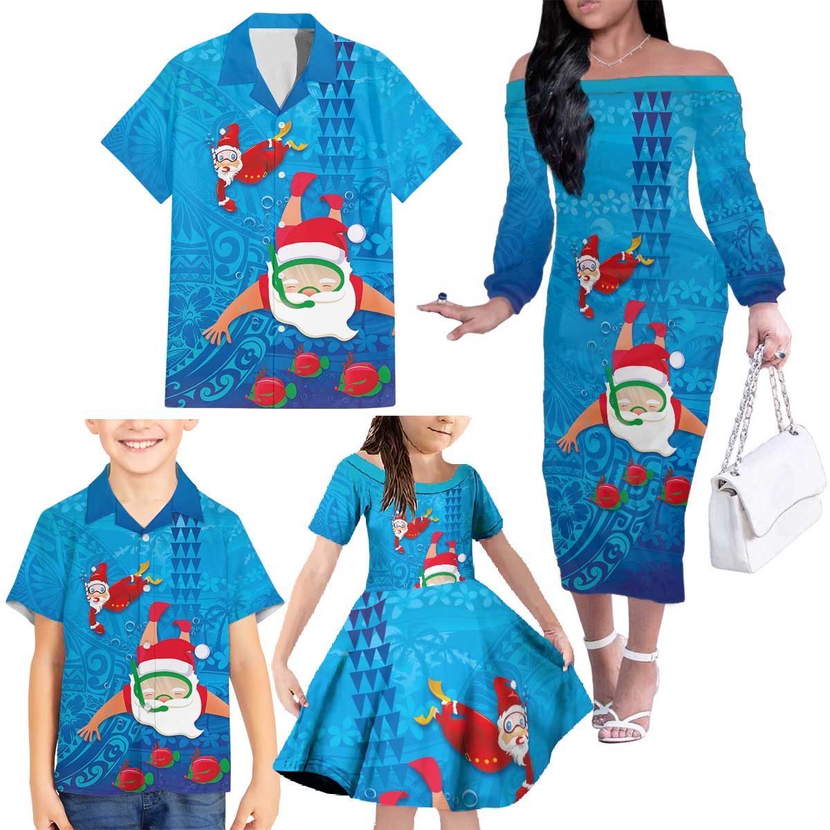 Hawaiian Santa Claus Snorkeling Family Matching Off The Shoulder Long Sleeve Dress and Hawaiian Shirt Kakau and Polynesian Pattern