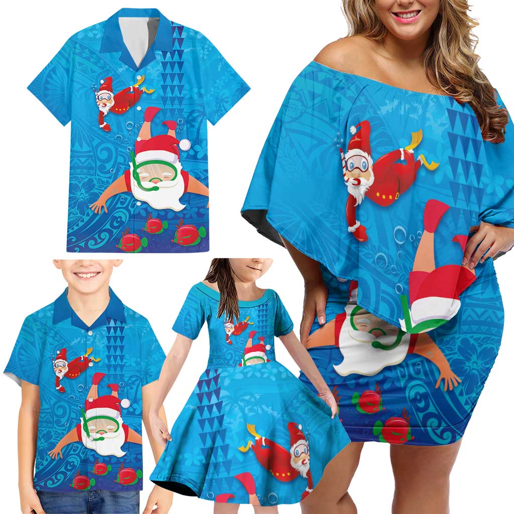 Hawaiian Santa Claus Snorkeling Family Matching Off Shoulder Short Dress and Hawaiian Shirt Kakau and Polynesian Pattern