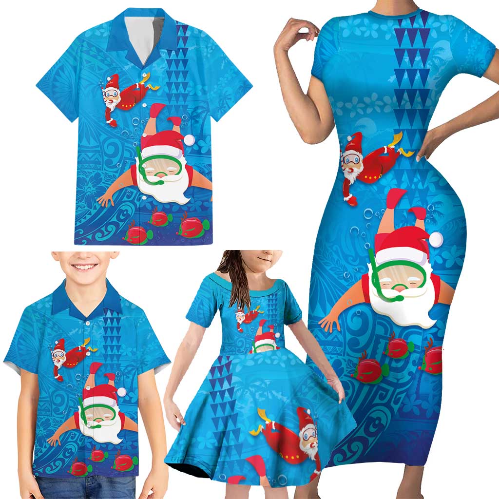 Hawaiian Santa Claus Snorkeling Family Matching Short Sleeve Bodycon Dress and Hawaiian Shirt Kakau and Polynesian Pattern