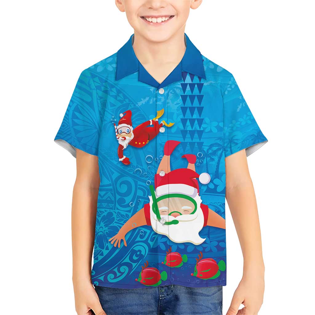 Hawaiian Santa Claus Snorkeling Family Matching Short Sleeve Bodycon Dress and Hawaiian Shirt Kakau and Polynesian Pattern