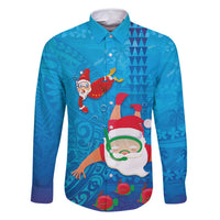 Hawaiian Santa Claus Snorkeling Family Matching Summer Maxi Dress and Hawaiian Shirt Kakau and Polynesian Pattern LT03 Dad's Shirt - Long Sleeve Blue - Polynesian Pride