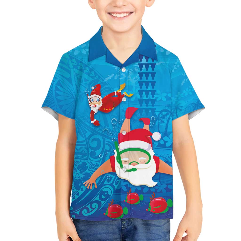 Hawaiian Santa Claus Snorkeling Family Matching Tank Maxi Dress and Hawaiian Shirt Kakau and Polynesian Pattern