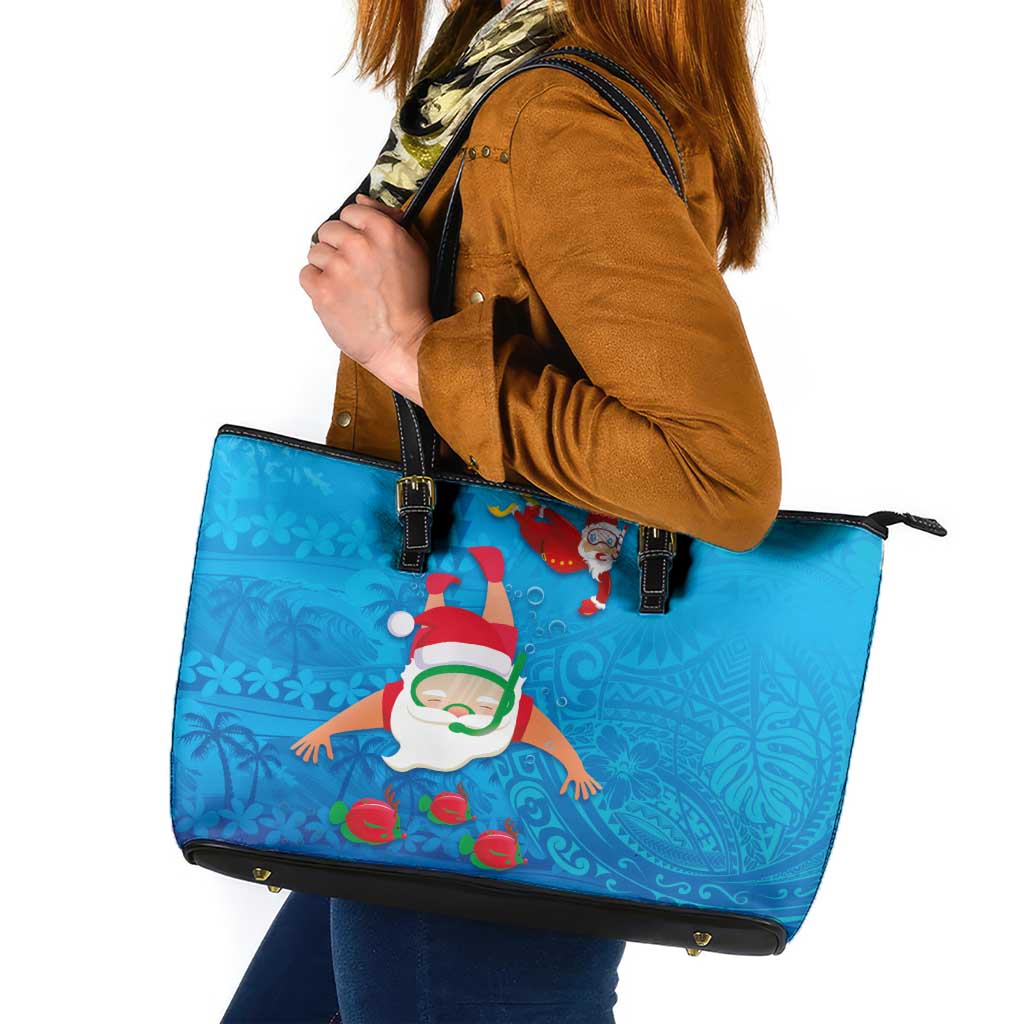 Hawaiian Santa Claus Snorkeling Leather Tote Bag Kakau and Polynesian Pattern LT03 Blue - Polynesian Pride