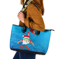 Hawaiian Santa Claus Snorkeling Leather Tote Bag Kakau and Polynesian Pattern LT03 Blue - Polynesian Pride