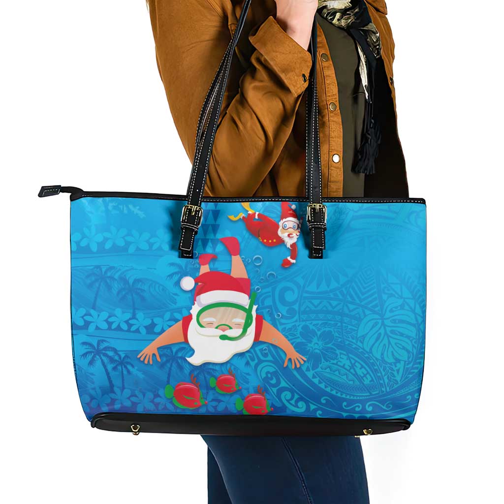 Hawaiian Santa Claus Snorkeling Leather Tote Bag Kakau and Polynesian Pattern LT03 - Polynesian Pride