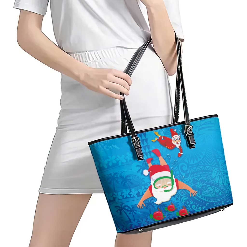 Hawaiian Santa Claus Snorkeling Leather Tote Bag Kakau and Polynesian Pattern LT03 - Polynesian Pride