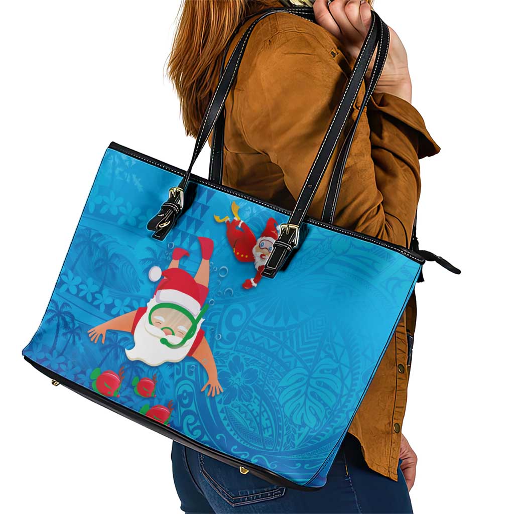 Hawaiian Santa Claus Snorkeling Leather Tote Bag Kakau and Polynesian Pattern LT03 - Polynesian Pride
