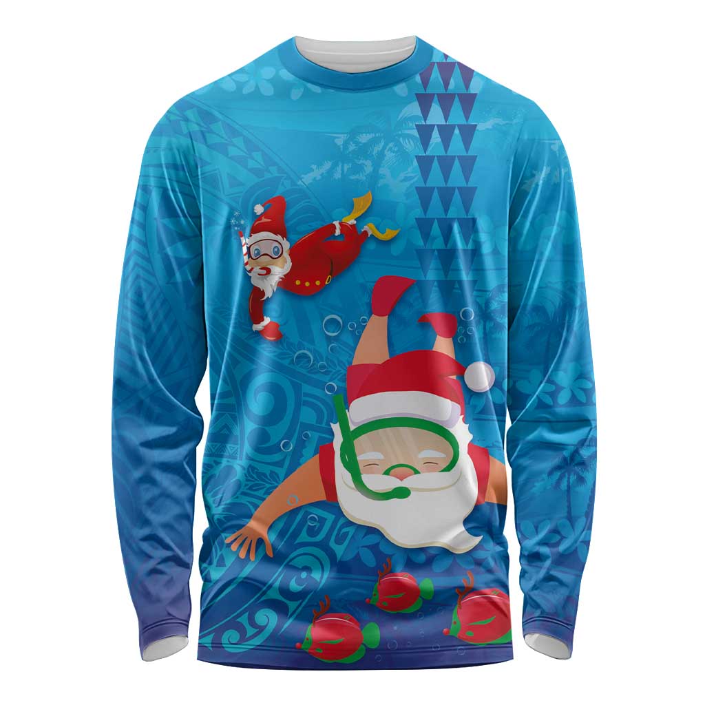 Hawaiian Santa Claus Snorkeling Long Sleeve Shirt Kakau and Polynesian Pattern