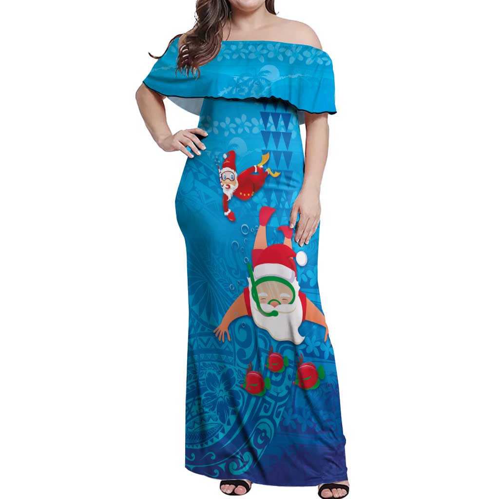Hawaiian Santa Claus Snorkeling Off Shoulder Maxi Dress Kakau and Polynesian Pattern LT03 Women Blue - Polynesian Pride