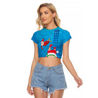 Hawaiian Santa Claus Snorkeling Raglan Cropped T Shirt Kakau and Polynesian Pattern LT03 Female Blue - Polynesian Pride