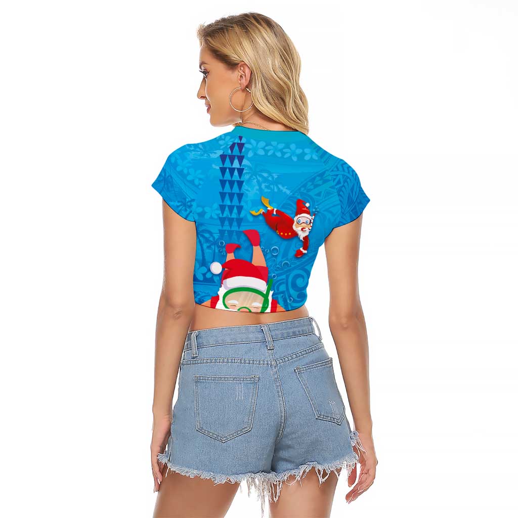 Hawaiian Santa Claus Snorkeling Raglan Cropped T Shirt Kakau and Polynesian Pattern LT03 - Polynesian Pride